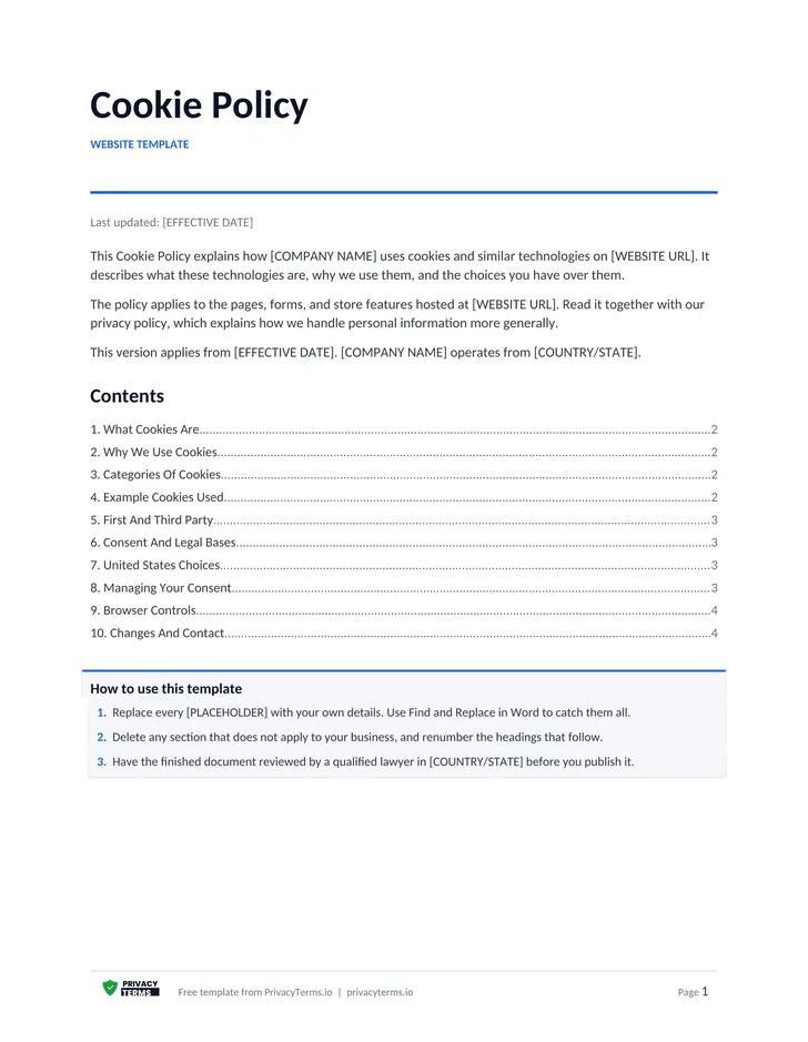 Cookie Policy (Website template): table of contents preview