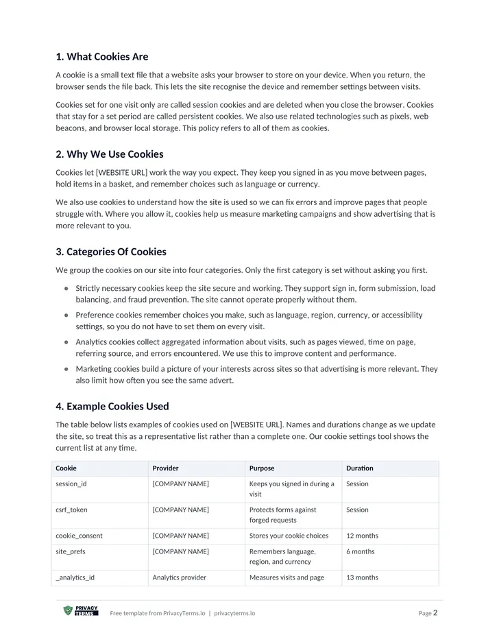 Cookie Policy (Website template): page 1 preview