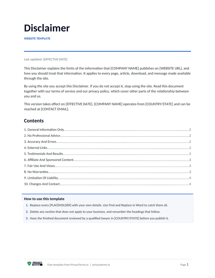 Disclaimer (Website template): table of contents preview