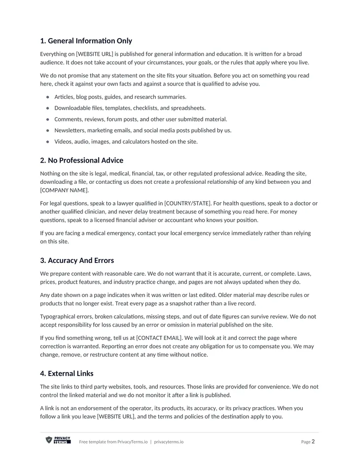 Disclaimer (Website template): page 1 preview