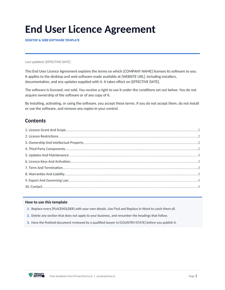 End User Licence Agreement (Desktop & web software template): table of contents preview