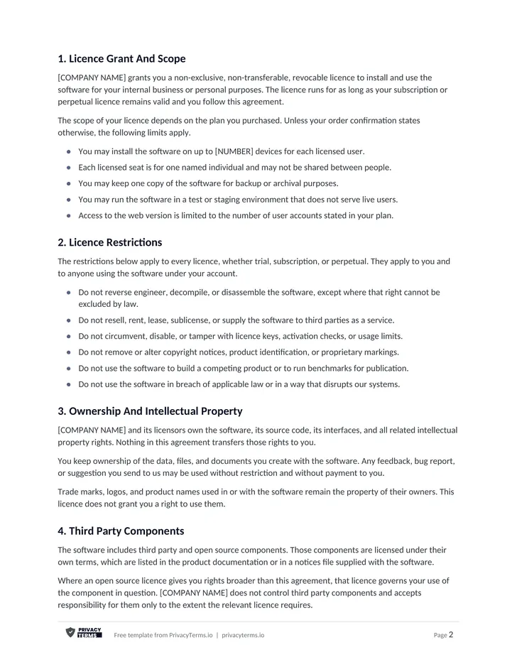 End User Licence Agreement (Desktop & web software template): page 1 preview