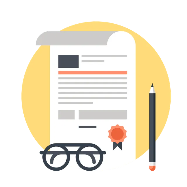 Legal document with certificate seal, glasses and pencil illustration