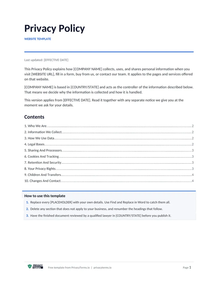 Privacy Policy (Website template): table of contents preview