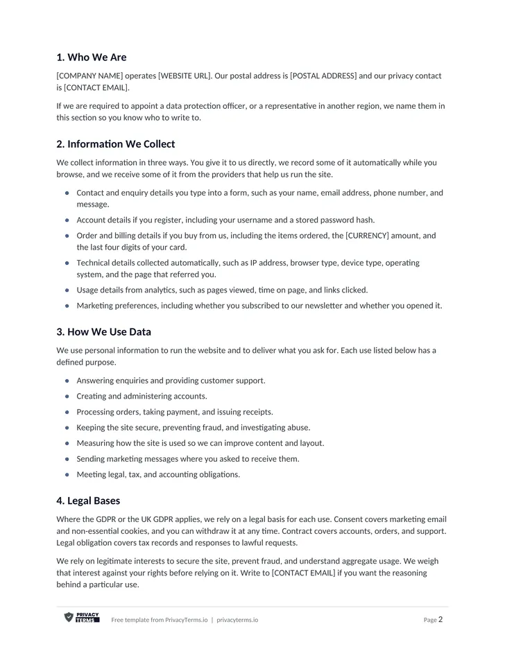 Privacy Policy (Website template): page 1 preview