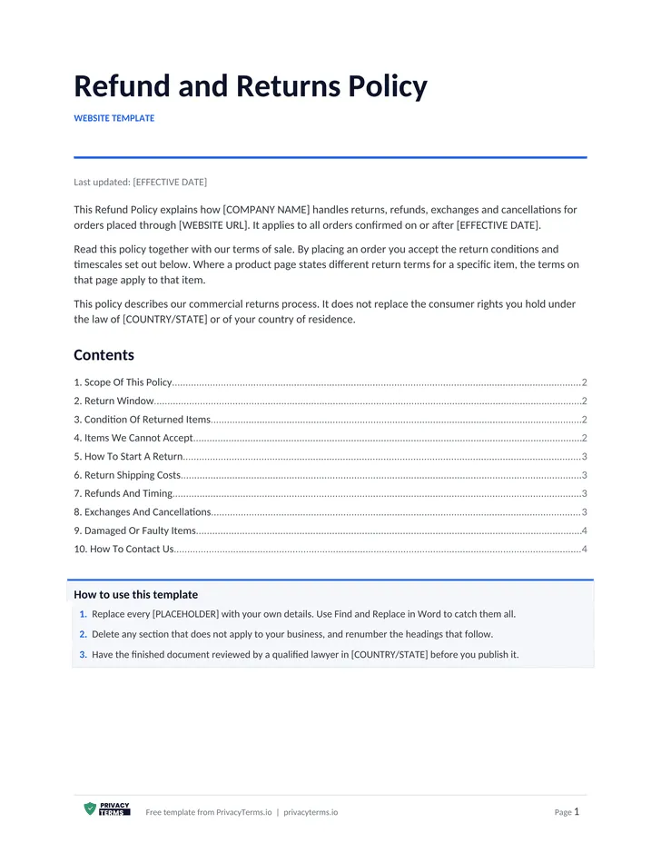 Refund and Returns Policy (Website template): table of contents preview