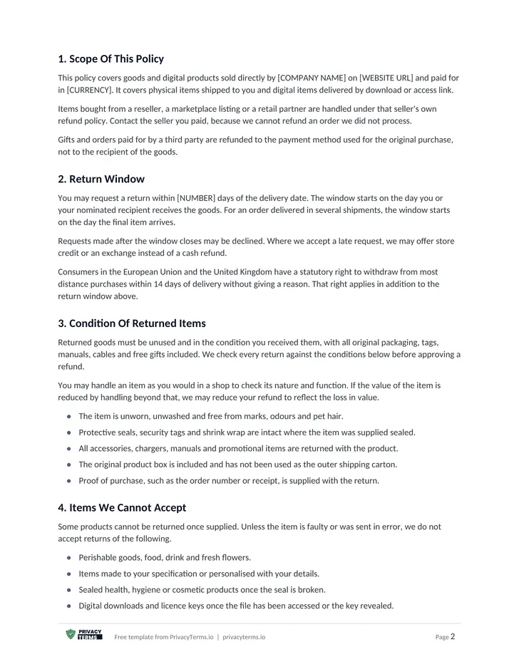 Refund and Returns Policy (Website template): page 1 preview