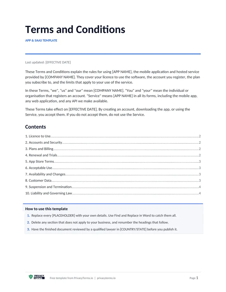 Terms and Conditions (App & SaaS template): table of contents preview