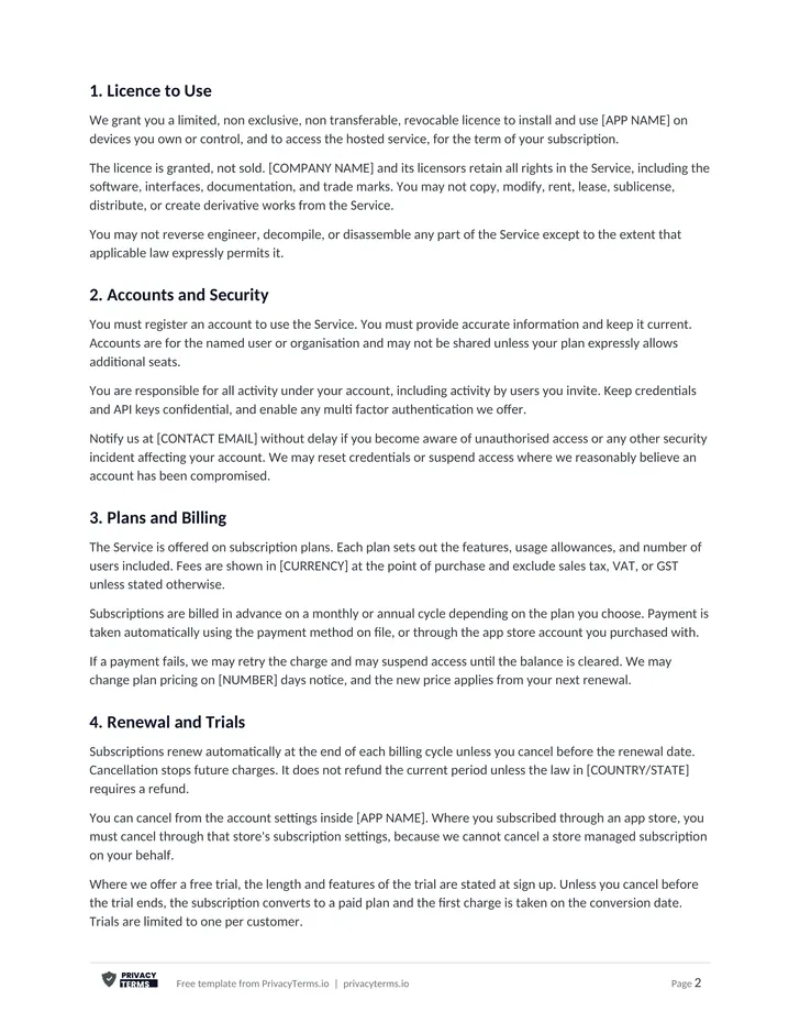 Terms and Conditions (App & SaaS template): page 1 preview