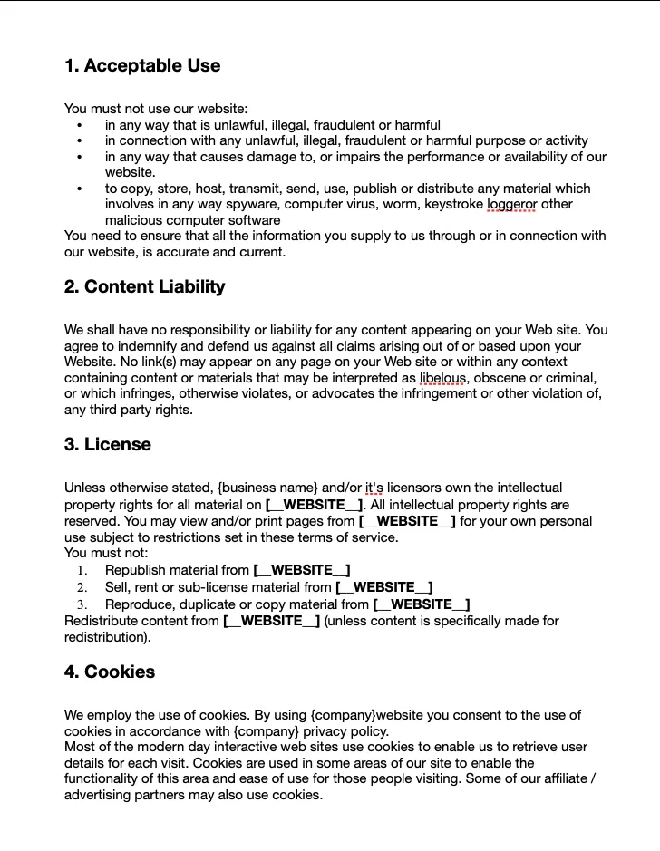 Terms and Conditions template contents preview
