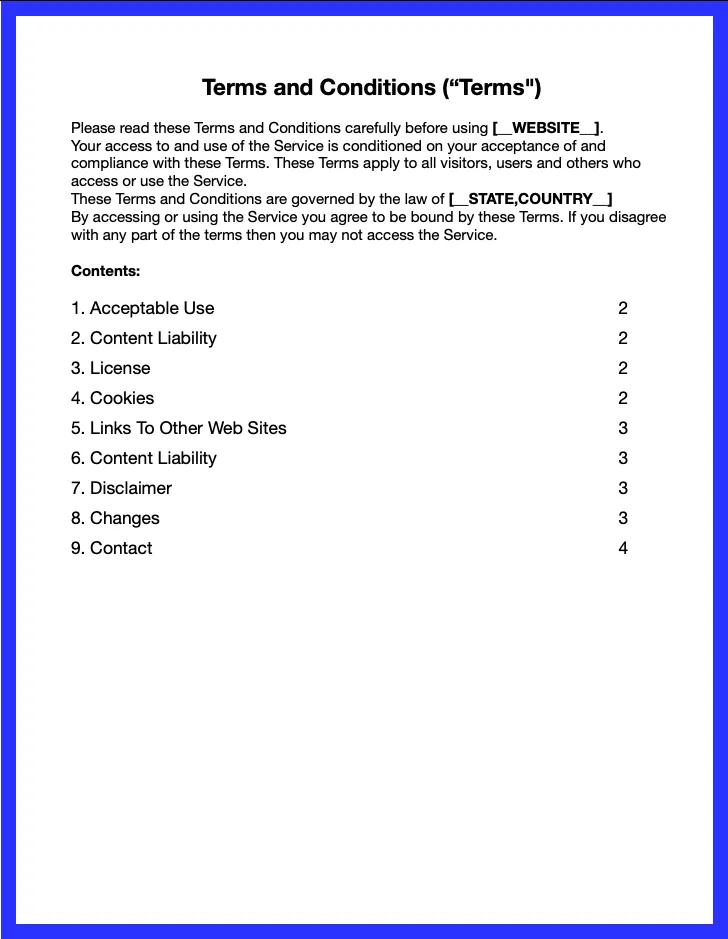 Terms and Conditions template page 1 preview