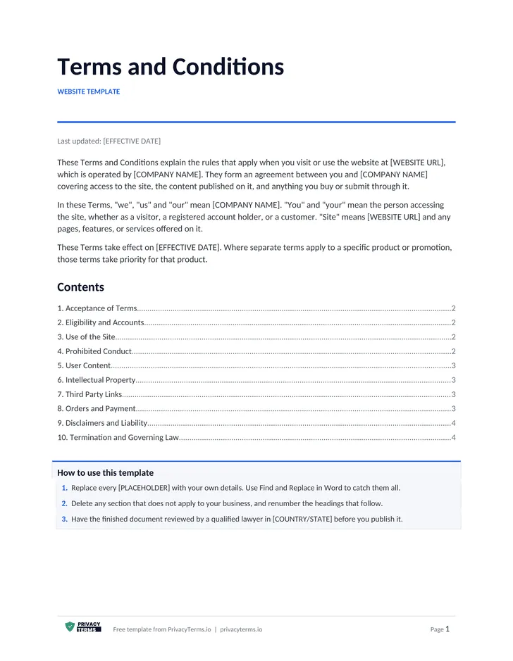 Terms and Conditions (Website template): table of contents preview