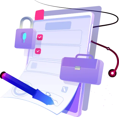 Terms of Service document illustration with padlock, briefcase and pen