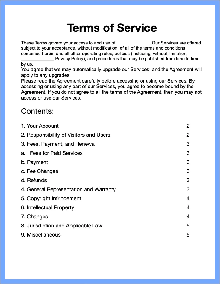 Terms of service Template: Table of Contents