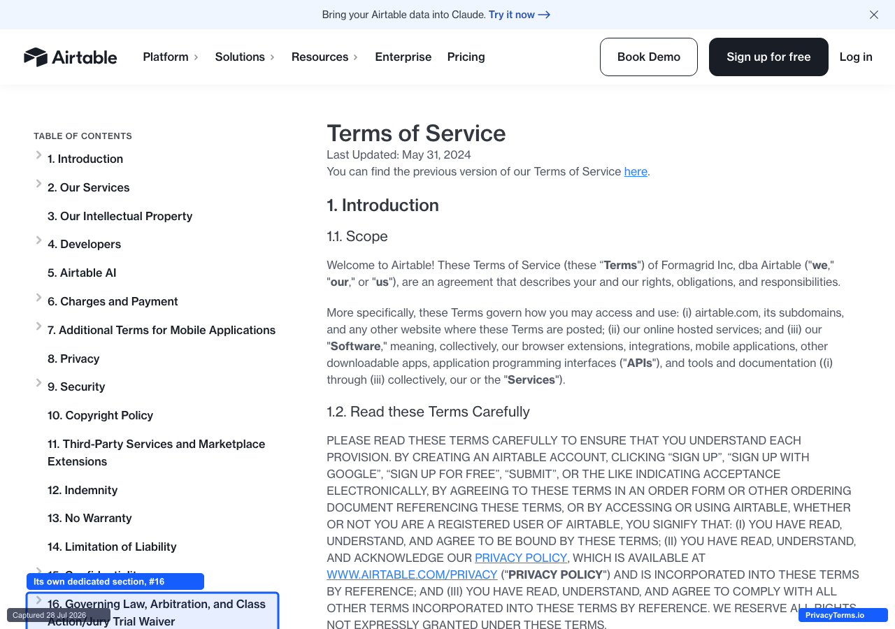 Airtable's Terms of Service table of contents, with section 16 (Governing Law, Arbitration, and Class Action/Jury Trial Waiver) highlighted