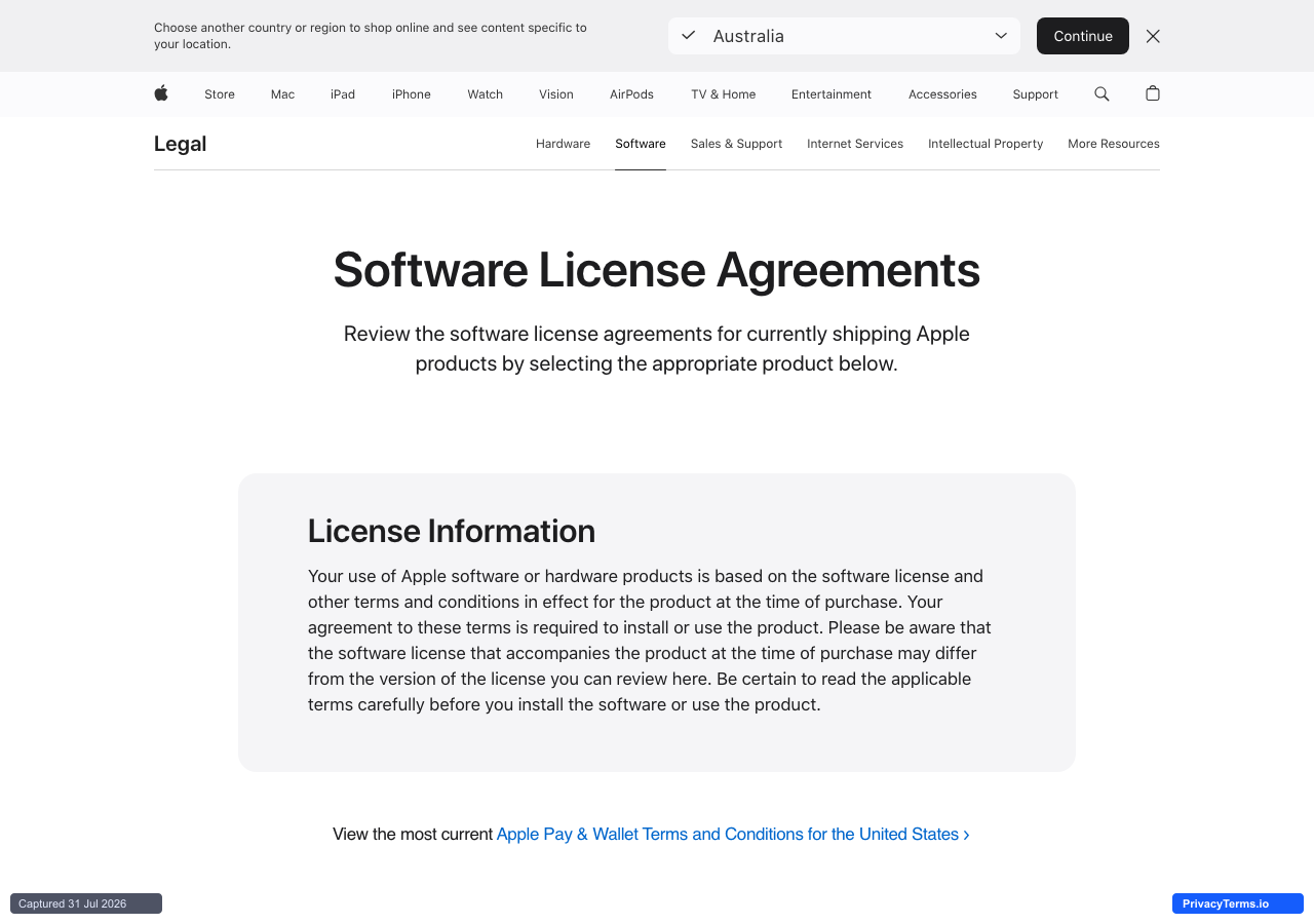 Apple's Software License Agreements page, with its License Information notice above the product selector