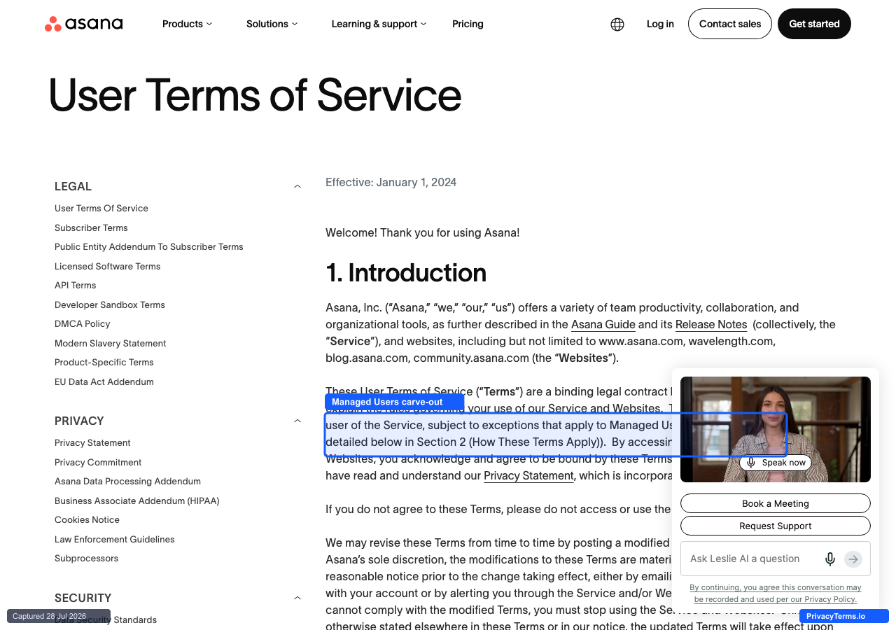 Asana's User Terms of Service, highlighting the Managed Users carve-out in Section 1