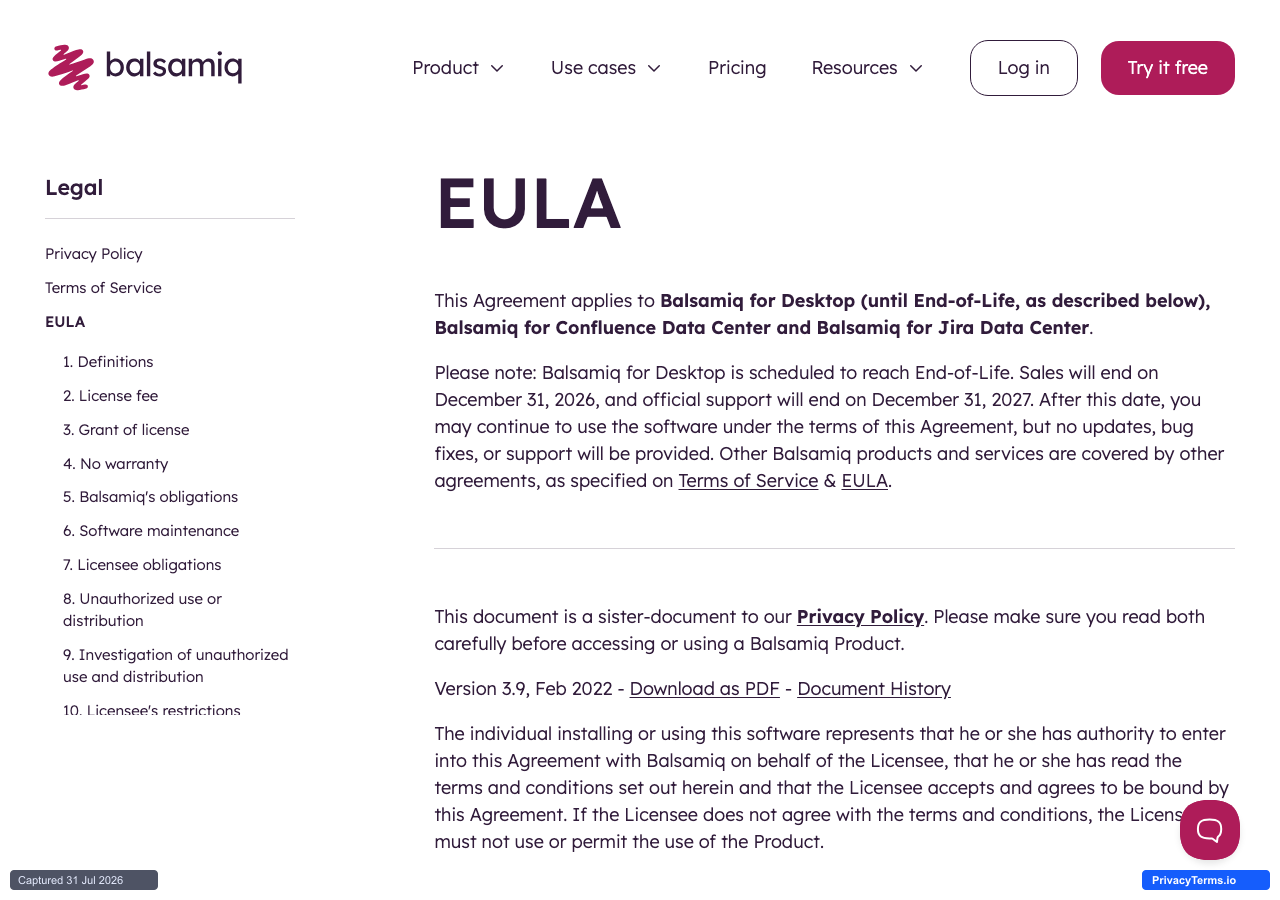 Balsamiq's EULA, showing the End-of-Life notice with exact sales and support end dates, and the version history line