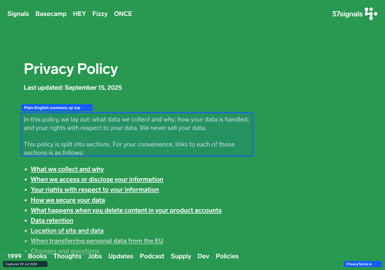 Basecamp's Privacy Policy page, with a plain-English summary paragraph above its jump-link table of contents