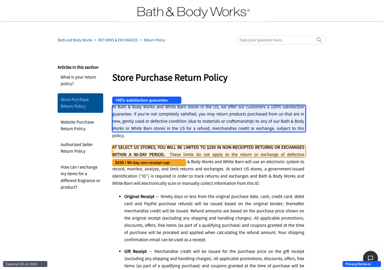 Bath & Body Works' 100% satisfaction guarantee return policy page