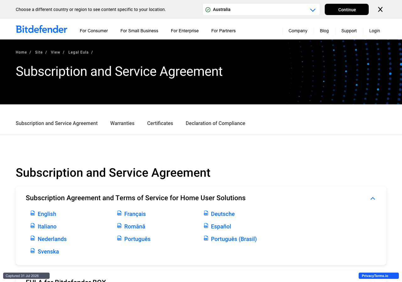 Bitdefender's Subscription and Service Agreement page, with tabs for Warranties, Certificates, and Declaration of Compliance, and a per-language document list