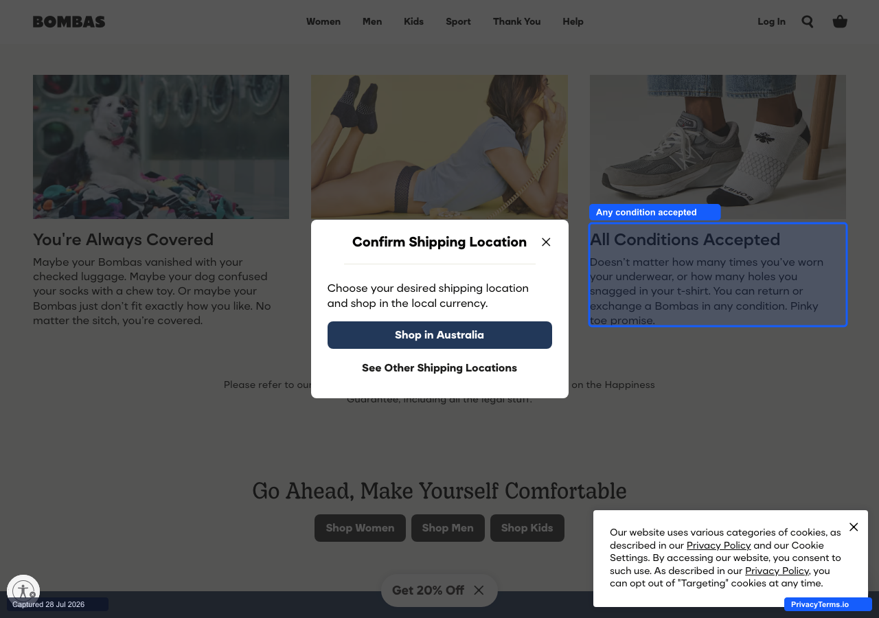 Bombas' Happiness Guarantee page describing its any-condition-accepted policy