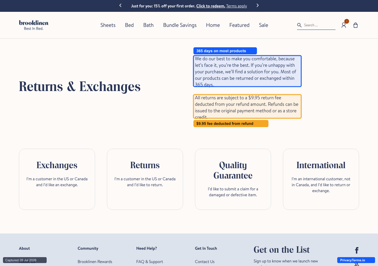 Brooklinen's Returns & Exchanges page stating its 365-day window and return fee