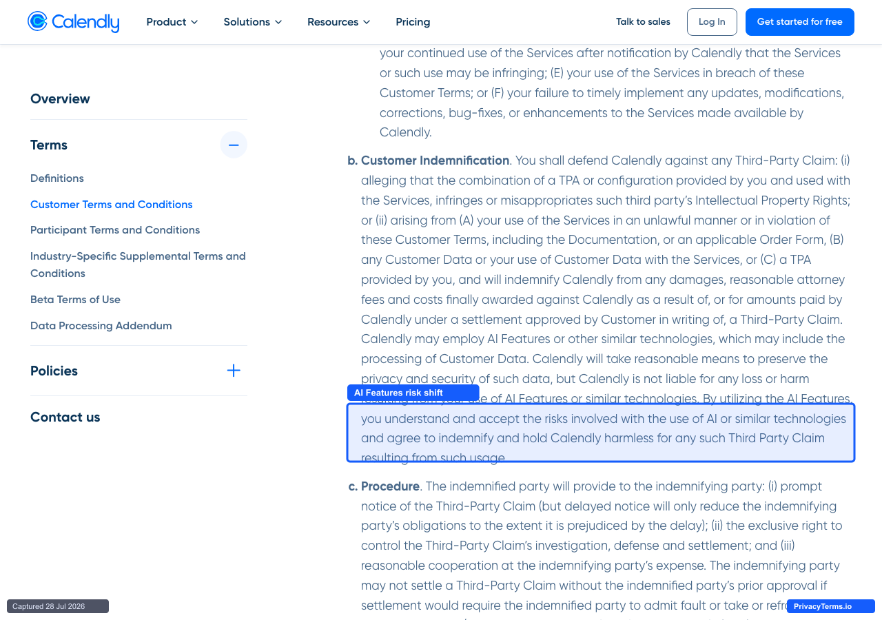 Calendly's Customer Terms and Conditions page showing its AI Features risk-shift clause
