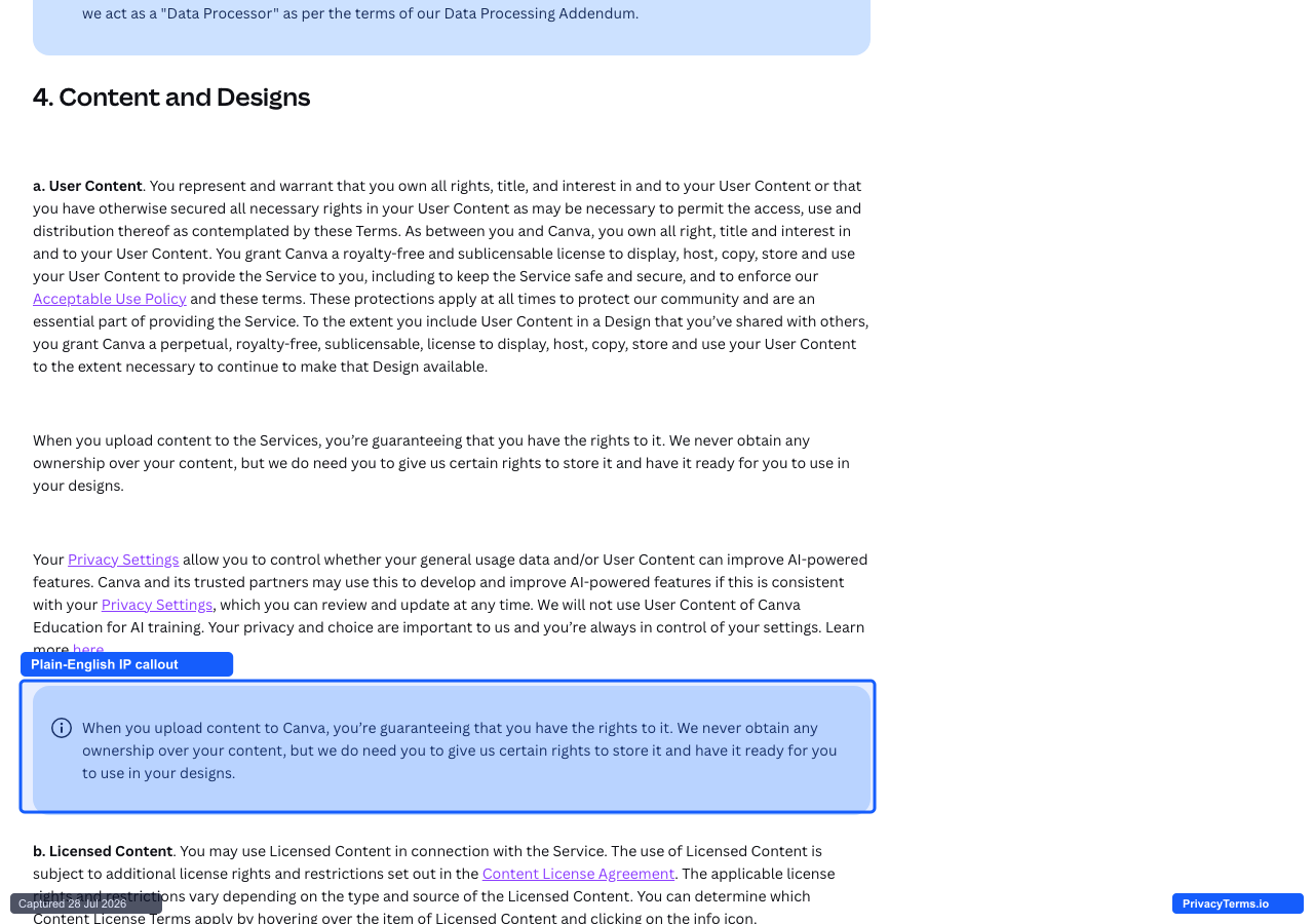 Canva's Terms of Use with its plain-English IP-ownership callout box highlighted