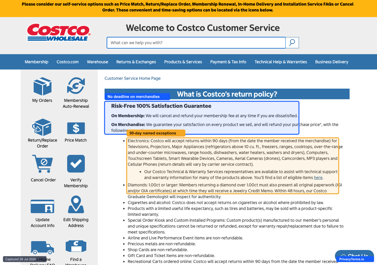 Costco's Membership Risk-Free 100% Satisfaction Guarantee page