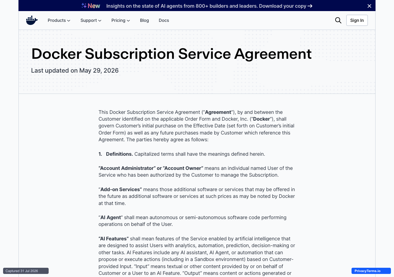 The Docker Subscription Service Agreement's Definitions section, including Account Administrator, Add-on Services, AI Agent, and AI Features