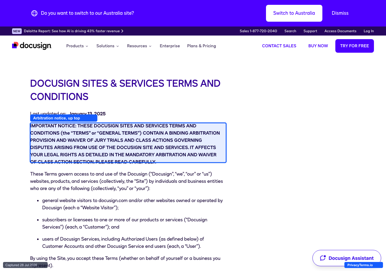 DocuSign's Terms and Conditions page with its boxed, all-caps arbitration notice directly under the headline