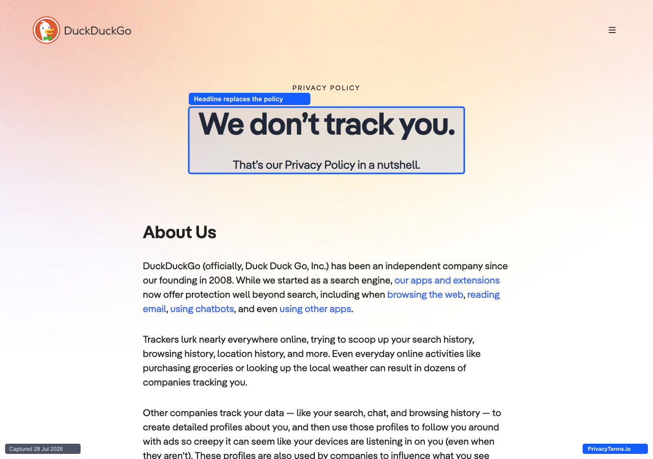 DuckDuckGo's Privacy Policy page opening with the headline 'We don't track you.'