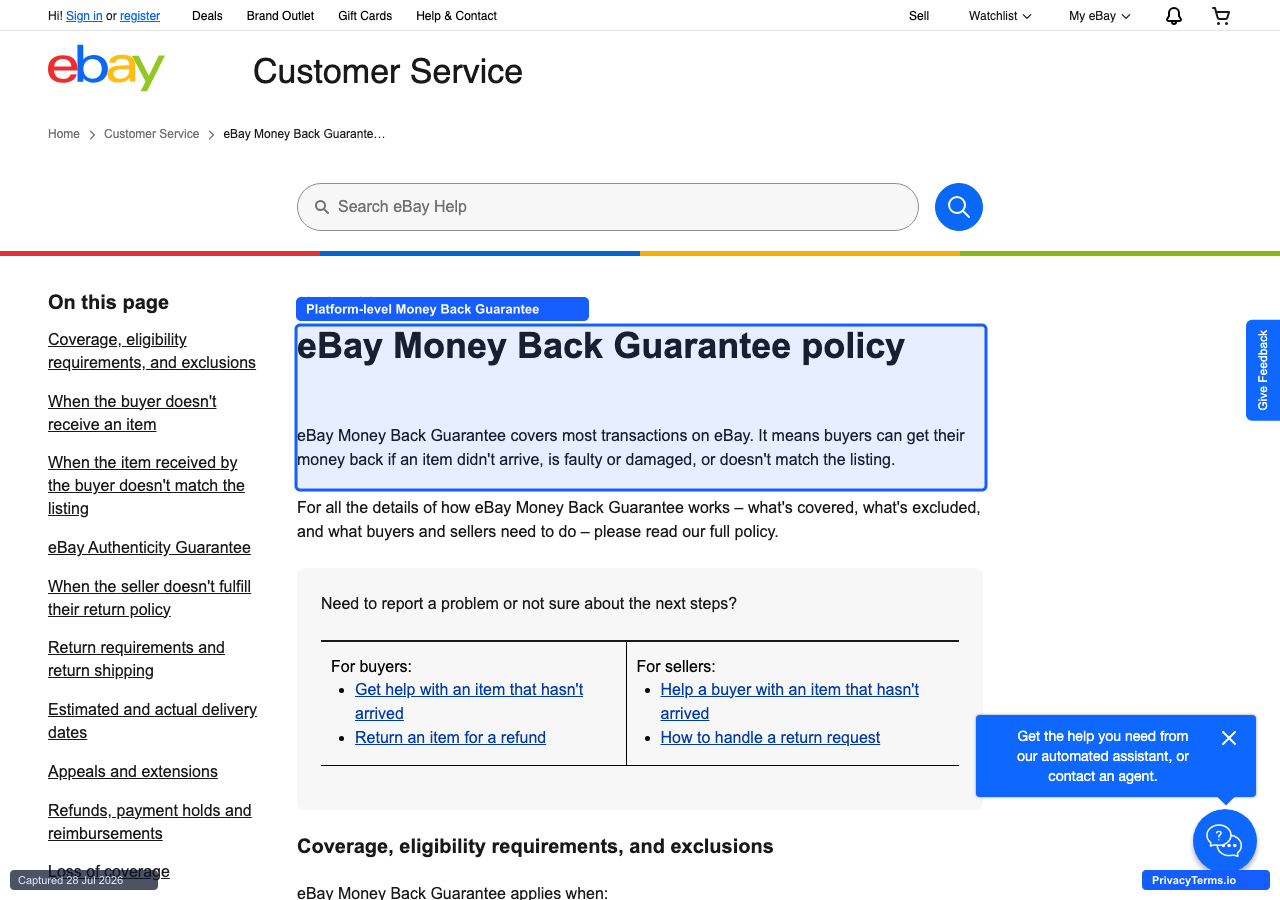 eBay's Money Back Guarantee policy page