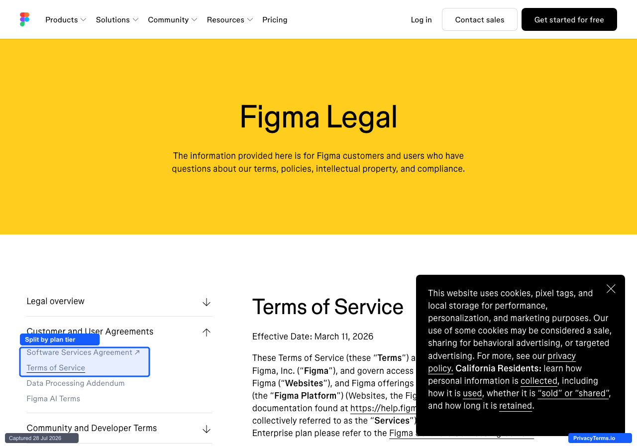 Figma's Legal hub sidebar, splitting Terms of Service from the Enterprise-only Software Services Agreement