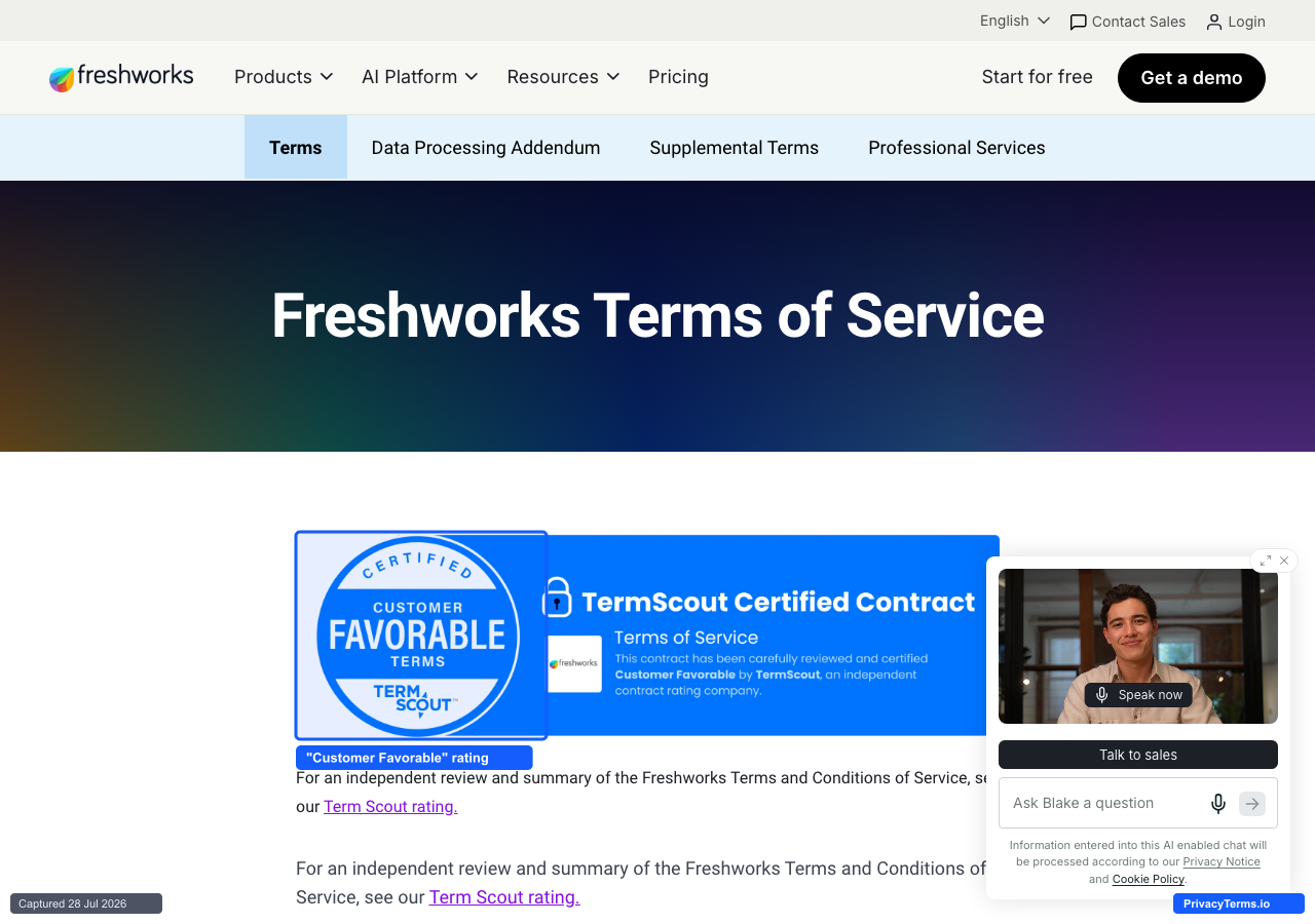 Freshworks Terms of Service page displaying a TermScout 'Customer Favorable Terms' certification badge