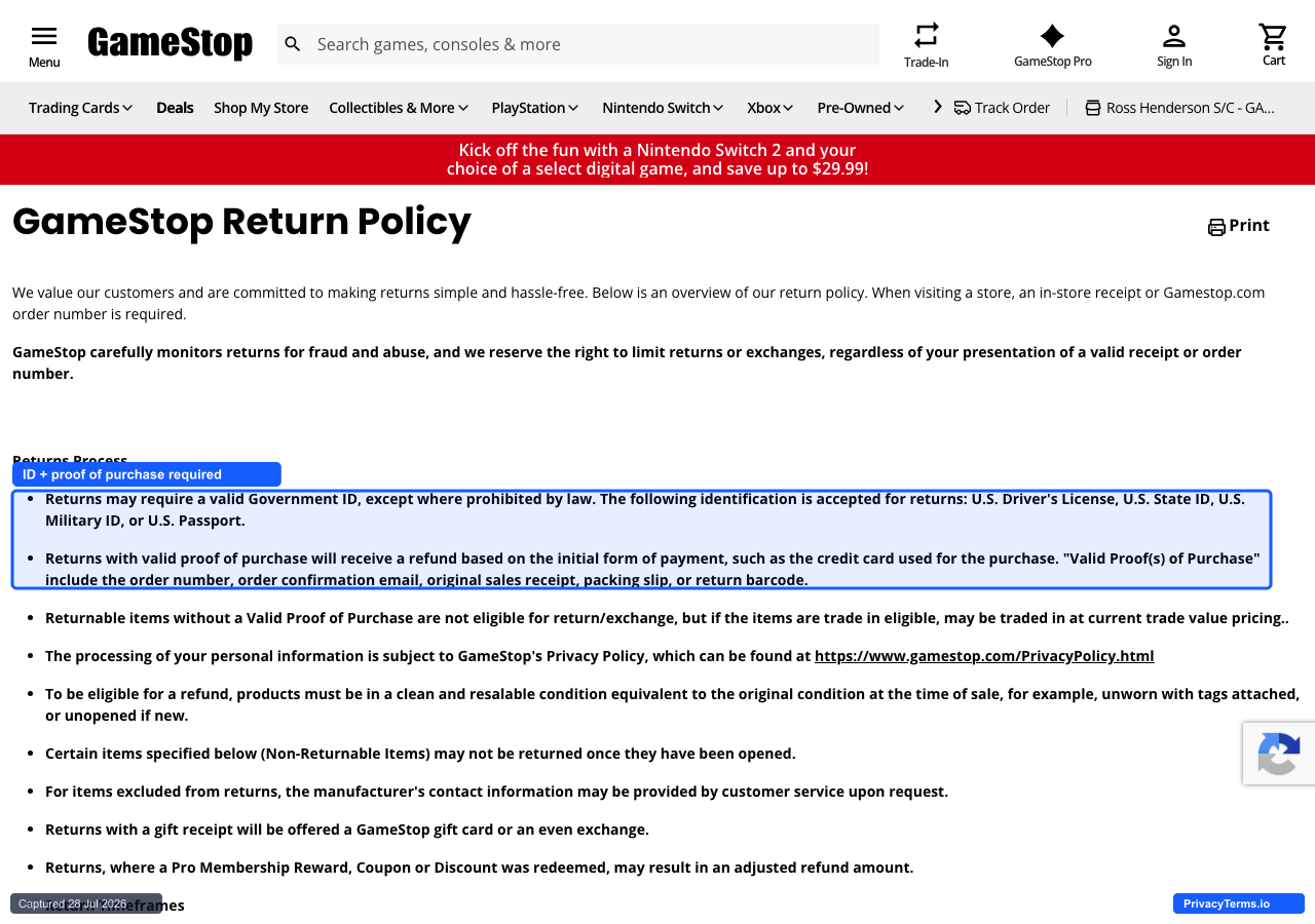 GameStop's Return Policy page listing ID and proof-of-purchase requirements