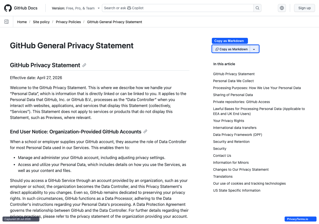 GitHub's General Privacy Statement rendered in its docs shell with a 'Copy as Markdown' button