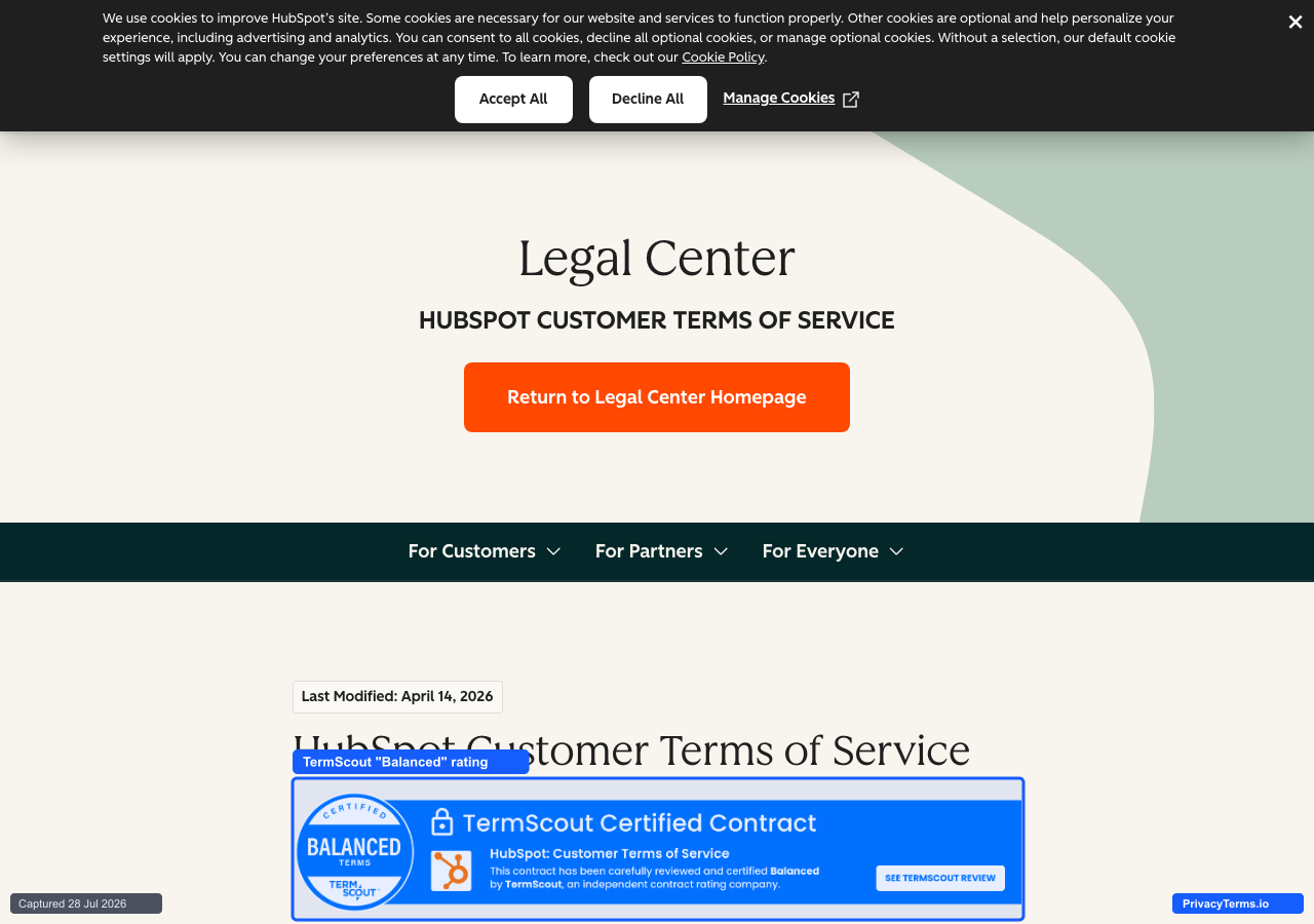 HubSpot's Customer Terms of Service page displaying a TermScout 'Balanced' contract certification badge