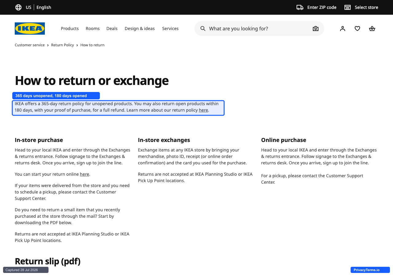 IKEA's How to return or exchange page stating its 365-day and 180-day return windows