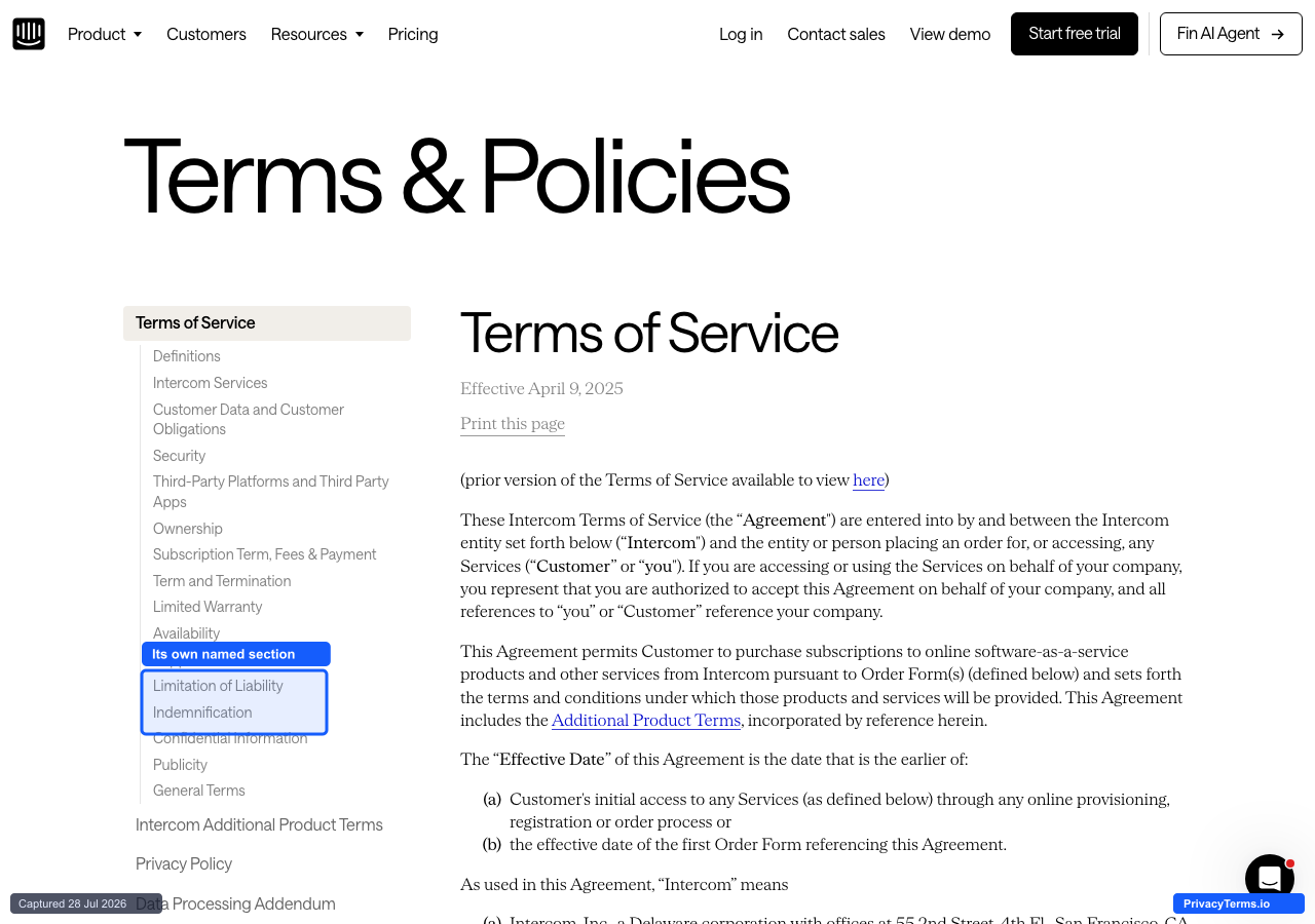 Intercom's Terms of Service table of contents with Limitation of Liability and Indemnification as separate named sections