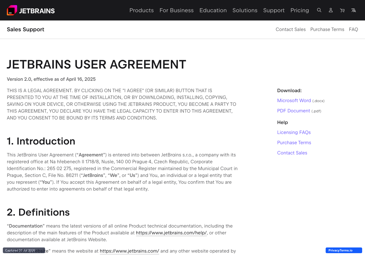 The JetBrains User Agreement's opening scope statement and Introduction and Definitions sections, with Word and PDF download links in the sidebar