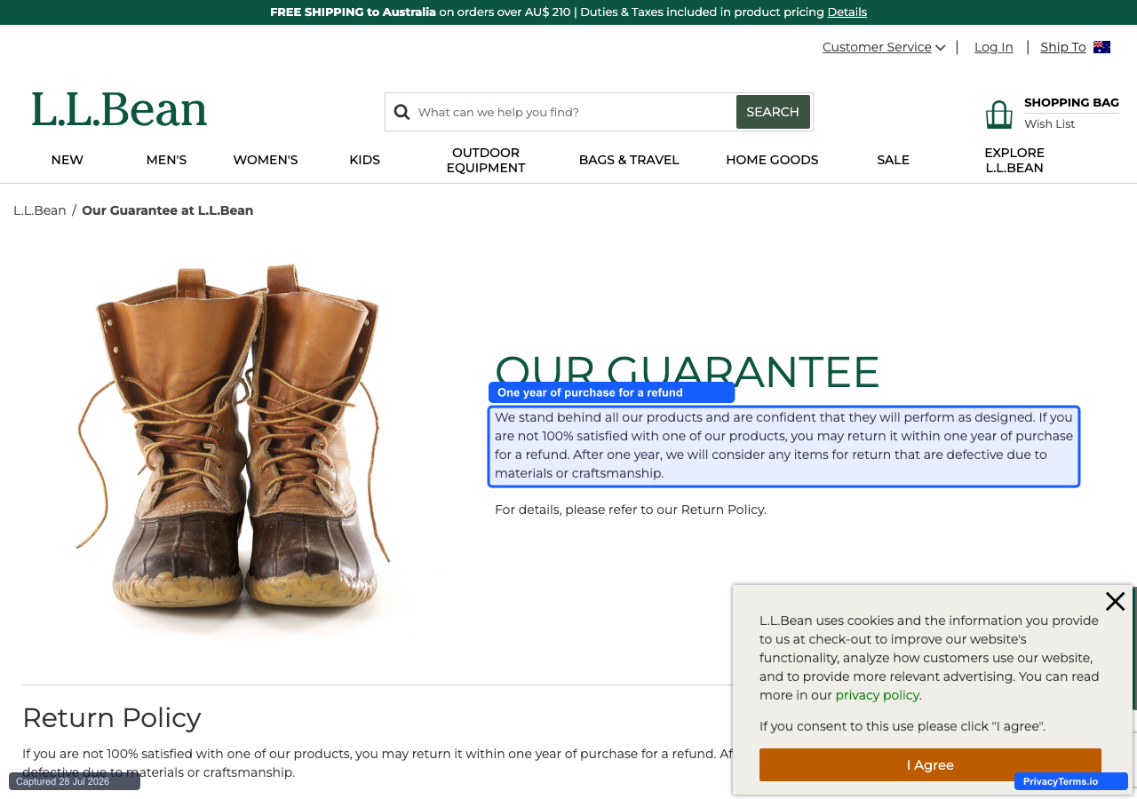 L.L.Bean's Our Guarantee page describing its one-year satisfaction guarantee