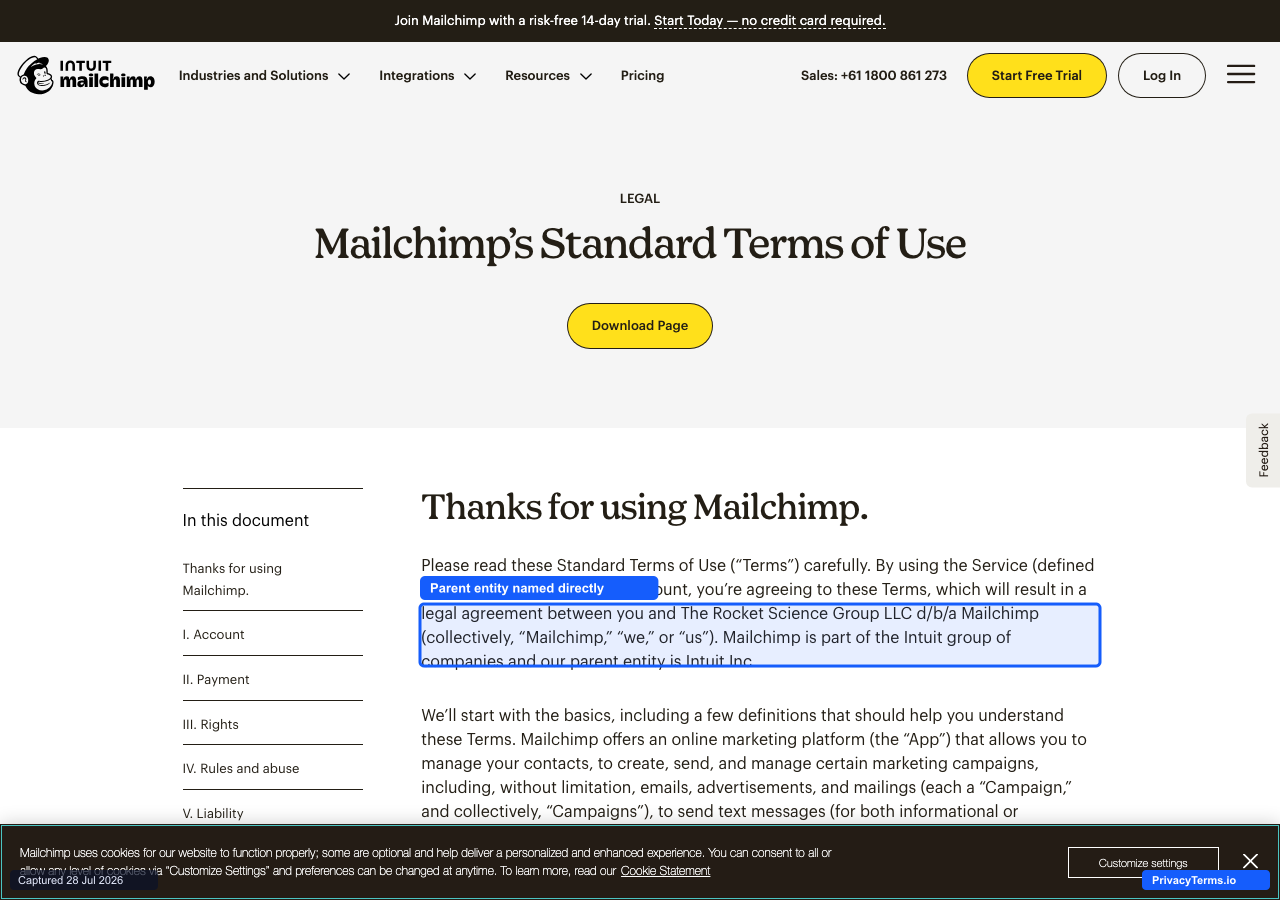 Mailchimp's Standard Terms of Use naming The Rocket Science Group and parent entity Intuit Inc. in its opening paragraph