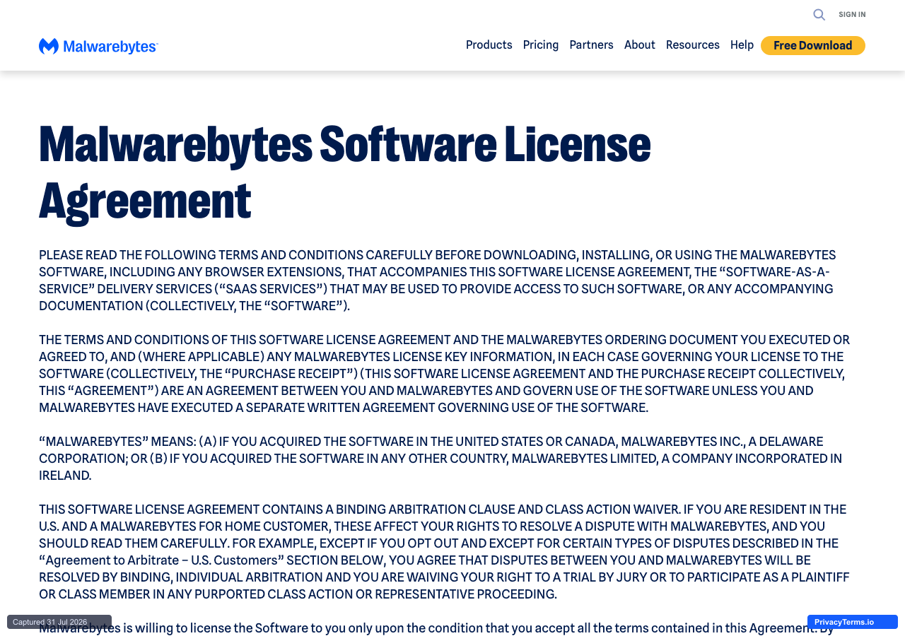 Malwarebytes' Software License Agreement, showing the Software definition covering browser extensions and SaaS delivery, and the bolded binding arbitration notice