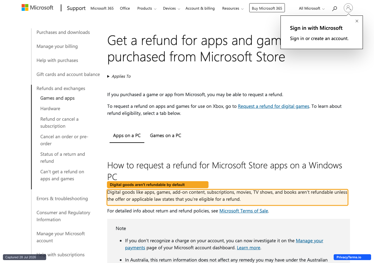Microsoft's Get a refund for apps and games support page