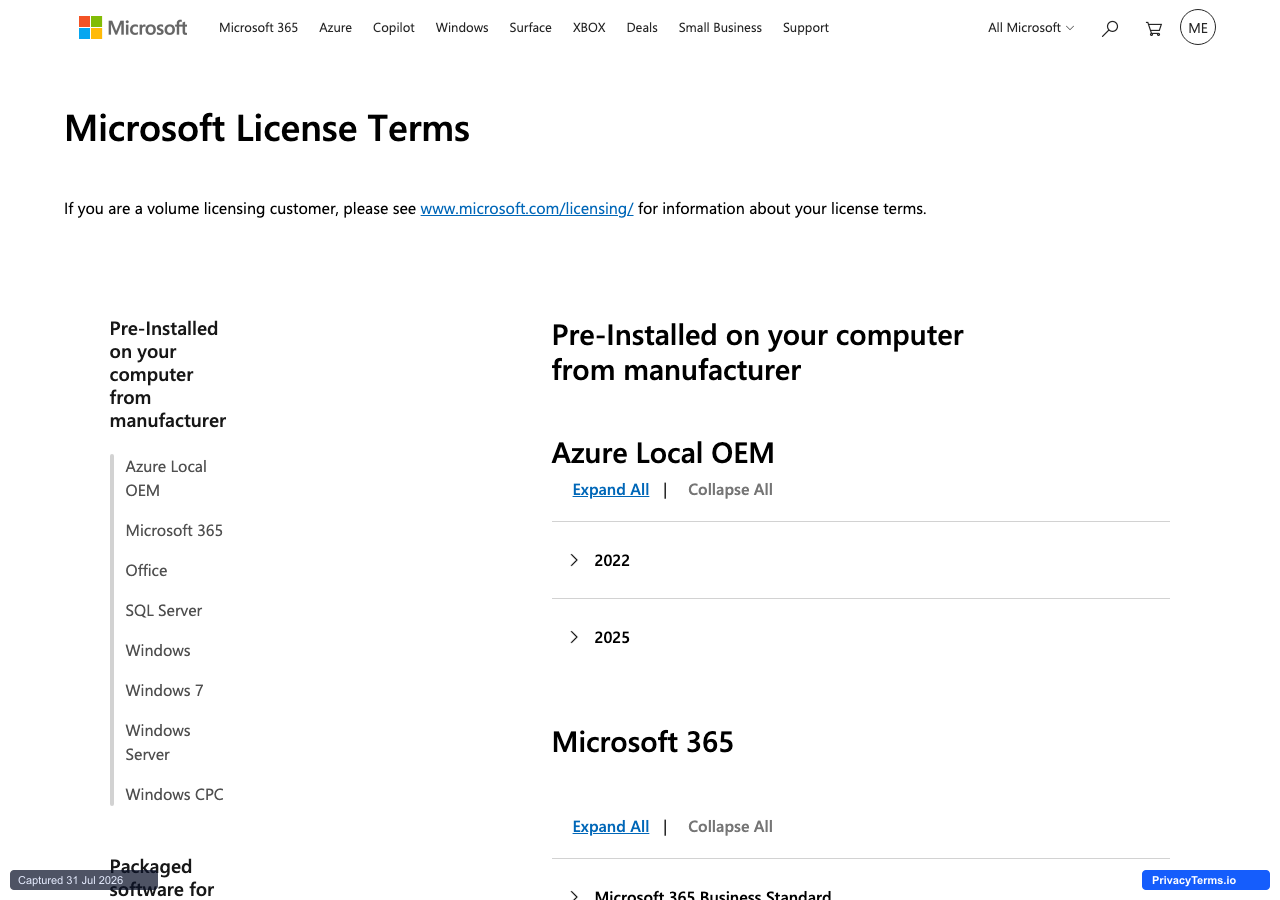 Microsoft License Terms, with a sidebar of product categories and expandable product-family sections