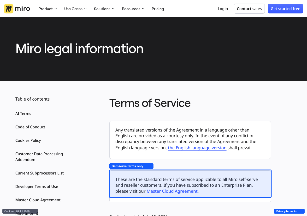 Miro's Terms of Service, stating upfront that it applies only to self-serve and reseller customers