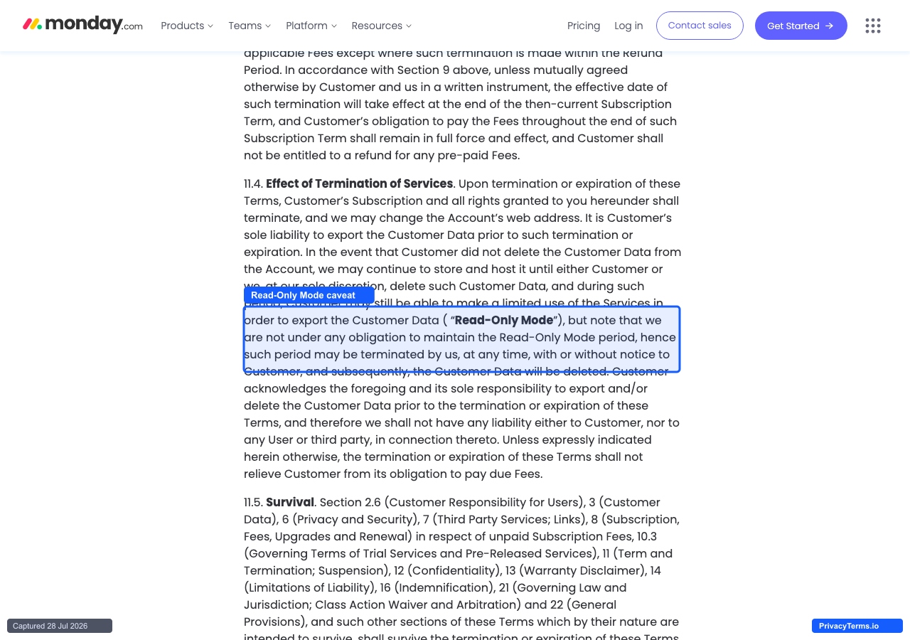 monday.com's Terms of Service showing its Read-Only Mode post-termination export clause
