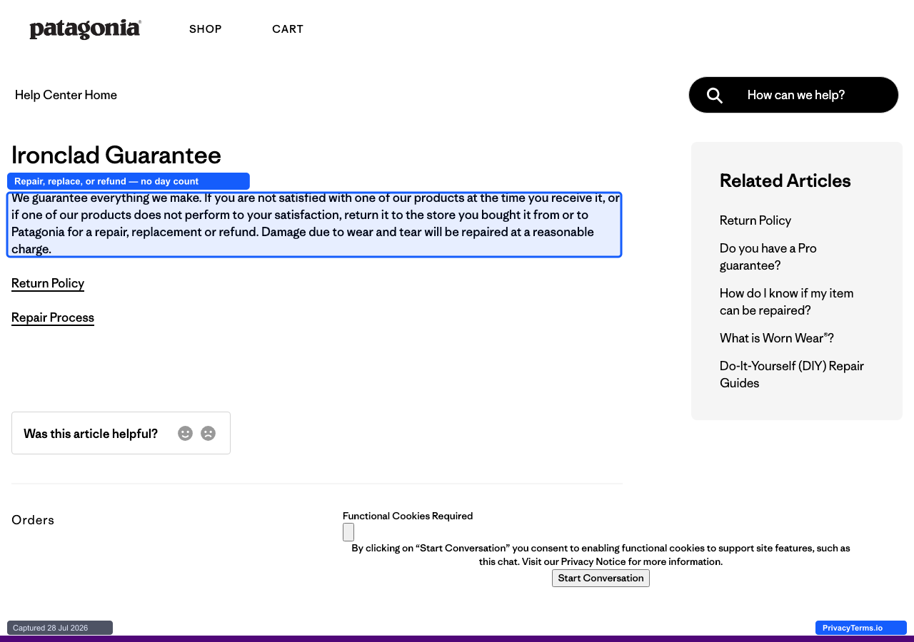 Patagonia's Ironclad Guarantee page describing repair-first, refund-second handling